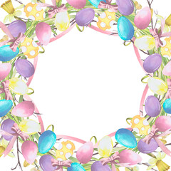 Wreath frame of Easter eggs, twigs and spring flowers. watercolor illustration isolated set on white. Eggs, narcissus and willow hand drawn pastel tones for Easter cards, packaging and festive decor