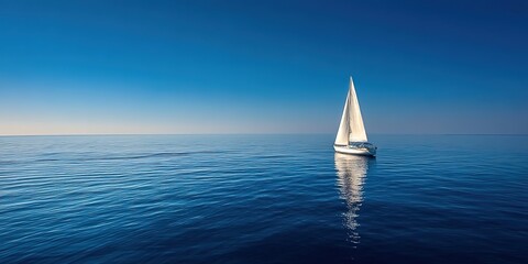 Obraz premium A sailboat on serene blue waters under clear skies. Used for nautical tourism ads, marine conservation content, or adventure literature.