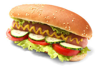 Tasty hot dog with vegetables isolated on white