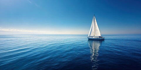 Obraz premium A sailboat on serene blue waters under clear skies. Used for nautical tourism ads, marine conservation content, or adventure literature.