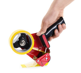 Man holding dispenser with adhesive tape on white background, closeup