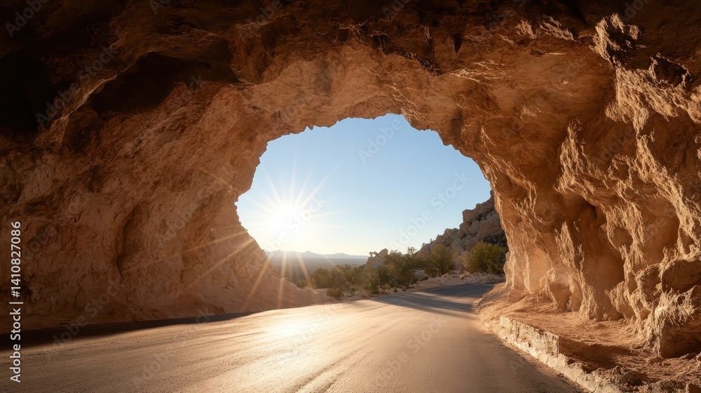 Poster a captivating view of a scenic road passing through a sunlit cave entrance, creating an enchanting p