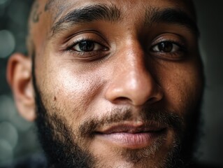 Obraz premium Close-up of a person's face with detailed focus on eyes and textured skin. The subject has a beard, visible ear, and natural expression. The background contains bokeh lights