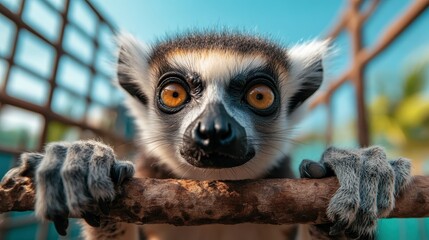 A curious lemur with striking eyes peers through bamboo sticks, showcasing its playful nature and keen curiosity in a vibrant environment, perfect for wildlife enthusiasts.