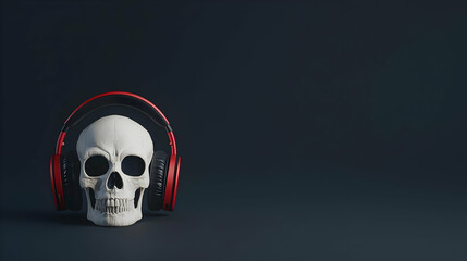 3D Skull With Red Headphones On Dark Background
