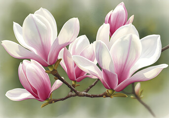 Elegant Magnolia Flowers Pink and White Blossoms, Botanical Branch, Spring Bloom, Floral Beauty.
