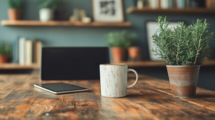 Cozy home office workspace with a rustic wooden table, a cup of coffee, a laptop, and a tablet. Plants and framed artwork add a touch of nature and style to the room