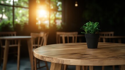 Fototapeta premium This image captures a small potted plant adorning a wooden table in a cozy cafe, enhanced by warm lighting filtering through windows for a tranquil ambiance.