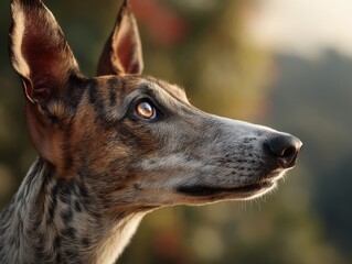 Obraz premium A close-up of a dog with erect ears and a sharp nose gazing upward, highlighting its detailed fur texture and attentive expression against a softly blurred background