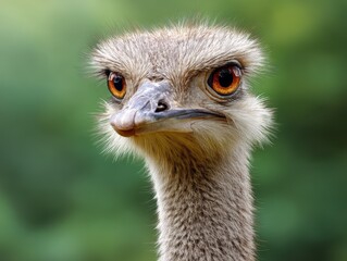 Close-up of an ostrich's face with large amber eyes, long eyelashes, and textured grey feathers; the bird's beak is prominent, creating a curious and intense expression