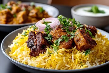 Fototapeta premium This image showcases a vibrant plate of chicken biryani garnished with coriander, onions, and served with yogurt, capturing the richness of Indian cuisine.