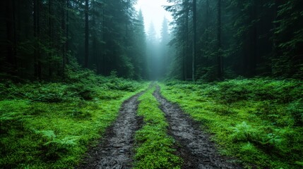 Obraz premium This photo presents a beautiful foggy forest trail surrounded by vibrant green vegetation, creating a sense of peace and inviting exploration into nature's embrace.
