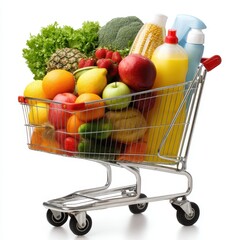 Shopping cart filled with food isolated on a white background.