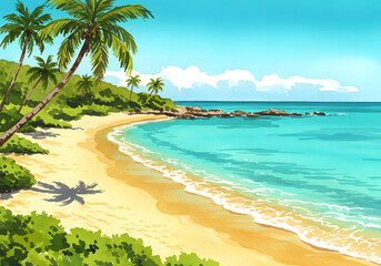 Naklejka premium Animated Tropical Beach Scene Palm Trees, Turquoise Ocean, Sandy Shoreline Illustration.