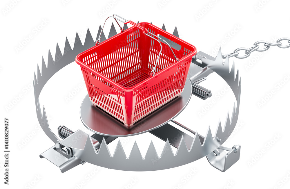 Poster bear trap with shopping basket, 3d rendering isolated on transparent background