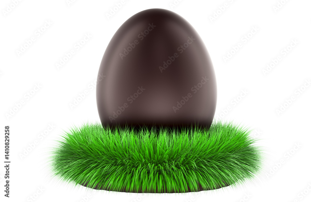 Poster chocolate egg in grass. 3d rendering isolated on transparent background