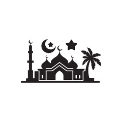 Naklejka premium Silhouette of a Mosque, Crescent Moon, Stars, and Palm Tree.A simple, stylized silhouette of a mosque, accompanied by a crescent moon, stars, and a palm tree.