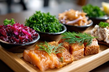 A beautifully arranged serving of fresh salmon with vibrant green garnishes, herbs, and flavorful sides, showcasing attractive food presentation delighting culinary aesthetics.