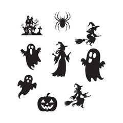 Fototapeta premium Spooky Halloween Silhouette Design Collection.This image features a collection of Halloween-themed silhouettes, including a haunted house, spiders, witches on brooms, ghosts, and a pumpkin.