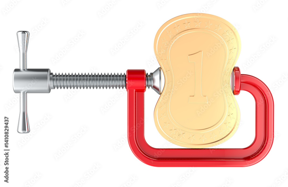Poster golden coin with squeezing c clamp. financial crisis or recession concept. 3d rendering isolated on 