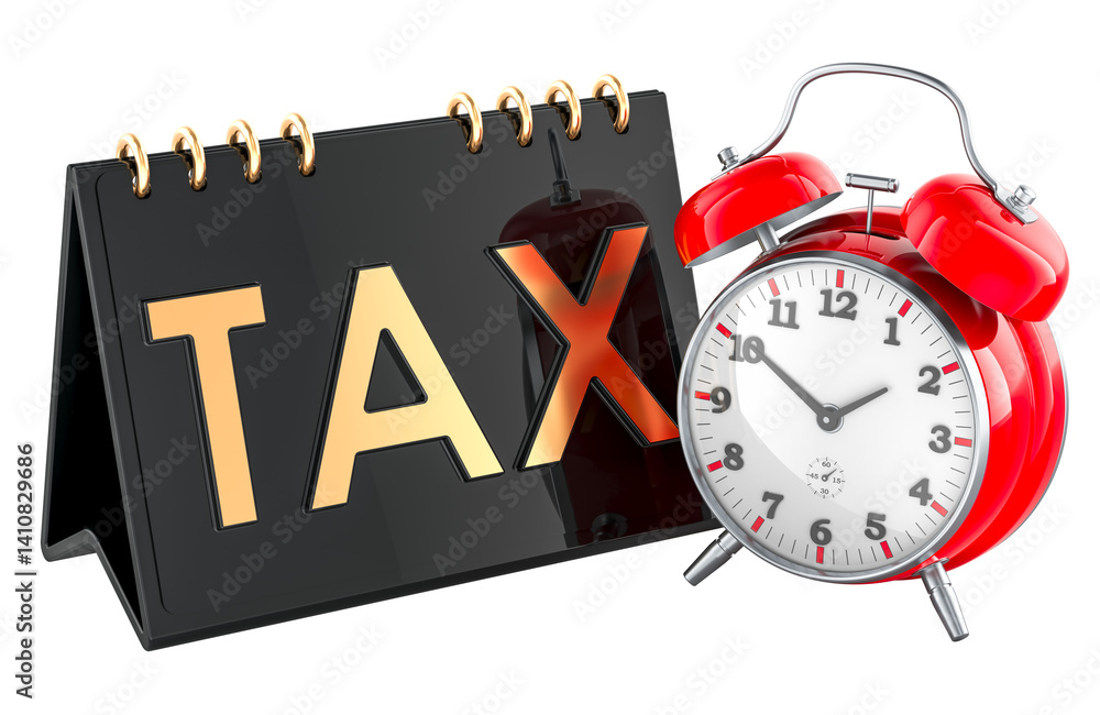 Poster tax concept with alarm clock. 3d rendering isolated on transparent background
