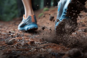 Close-up of Feet in Running Shoes Kicking Up Dirt on a Forest Trail, Showing Motion and Energy