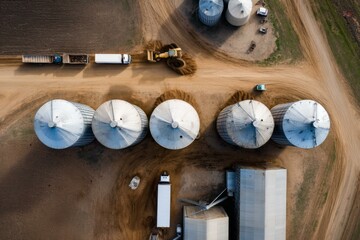 Aerial shot of grain silos on a farm with trucks and heavy machinery, conveying agricultural activities in a rural setting © Роман Булатов