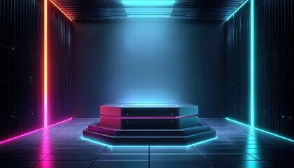 A sci-fi room features a double-layered circular metal platform with neon lights, ceiling strips, and grating floors. Suited for tech product launches, VR environments, or cyberpunk-themed media.