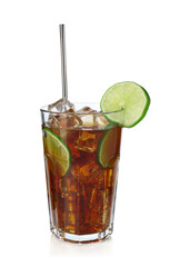 Tasty Cuba Libre cocktail in glass isolated on white