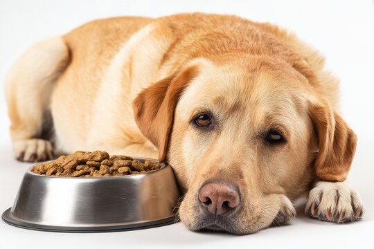 A sleepy golden Labrador retriever with a bowl full of dog food, resting head near the bowl on a white background, pet care and feeding concept. - Powered by Adobe
