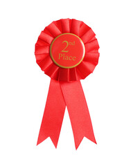 One red award ribbon on white background