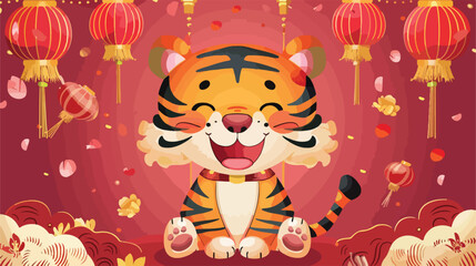 Festive Cute Tiger Celebrating Chinese New Year Banner Illustration