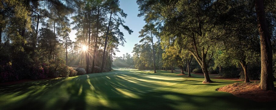 A golf course surrounded by tall trees with sunlight filtering through leaves onto manicured grass. Perfect for sports tourism campaigns, luxury resort promotions, or outdoor activity blogs.