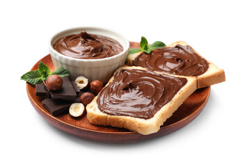 Toasts with chocolate hazelnut spread, nuts, pieces of chocolate and mint isolated on white