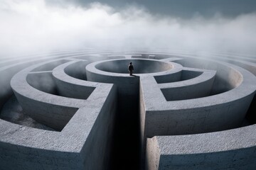 Solitary Figure on the Edge of a Stone Labyrinth in Dense Fog, Emphasizing Mystery and Challenge