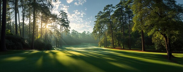 Obraz premium A golf course surrounded by tall trees with sunlight filtering through leaves onto manicured grass. Perfect for sports tourism campaigns, luxury resort promotions, or outdoor activity blogs.