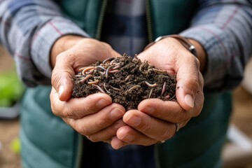 A pair of hands holds a clump of nutrient-rich soil teeming with earthworms, highlighting the importance of composting and healthy soil for sustainable gardening practices.