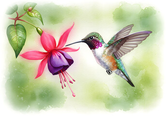 Naklejka premium Watercolor Hummingbird Feeding on Fuchsia Flower - Vibrant Nature Illustration.