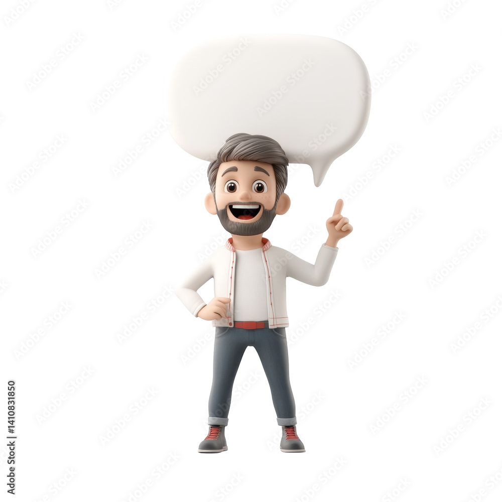 Poster cartoon character with speech bubble smiling and pointing upward in a friendly pose