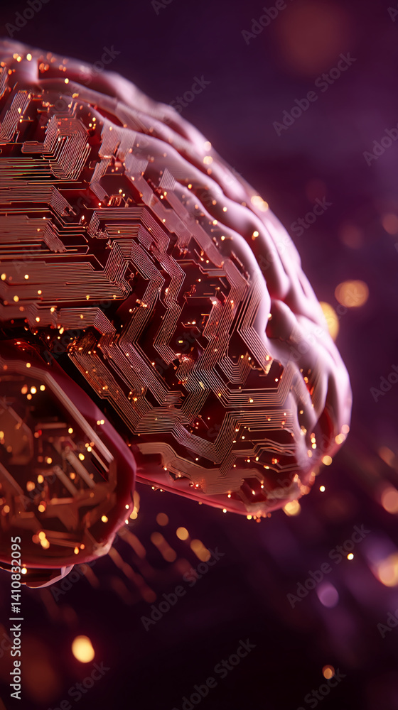 Poster close-up of a brain-like form with intricate circuitry, glowing with warm light against a dark backg