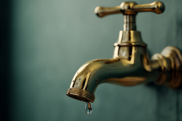 Close-up of gold faucet with a single water drop, against a teal background showcasing elegance and minimalism, representing water conservation or luxury plumbing