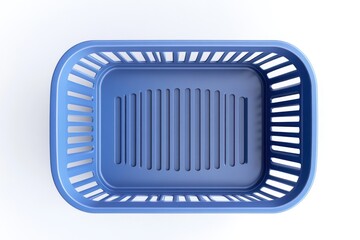 A 3D rendering of a blue shopping basket from a top view, isolated against a white background, emphasizing its simplicity and functionality