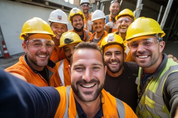 smiling group of construction workers taking a selfie