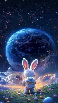 Fantasy Bunny Astronaut Gazing at Earth from a Star-Filled Cosmic Landscape Surrounded by Easter Eggs