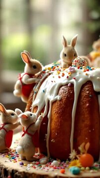 Whimsical Baby Bunnies Decorating a Giant Glazed Cake with Sprinkles in a Cozy Woodland Setting