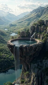 Majestic Circular Cliff Pool with Cascading Waterfall Surrounded by Lush Green Mountains and Dramatic Rock Formations under a Bright Sky
