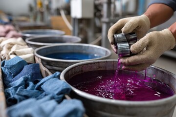 Fototapeta premium An artisan pours a striking purple dye into a container, preparing for the dyeing process, showcasing the vibrant world of textile arts and the beauty of color and creativity.