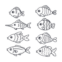 Set of fish icon. Underwater fishes for coloring. Fish sketch collection. Doodle. Hand drawn 