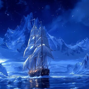 Majestic Pirate Ship Navigating Icy Arctic Waters Under Starry Night Sky with Towering Snowy Mountains