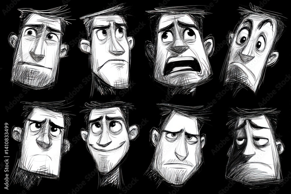 Poster a collection of expressive cartoon faces showcasing various emotions, rendered in a sketch style wit